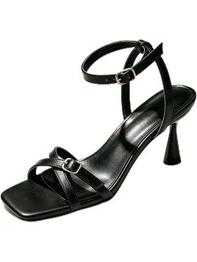 Women's Black Square Toe Heeled Sandals Adjustable Ankle Strap Dress Sandals